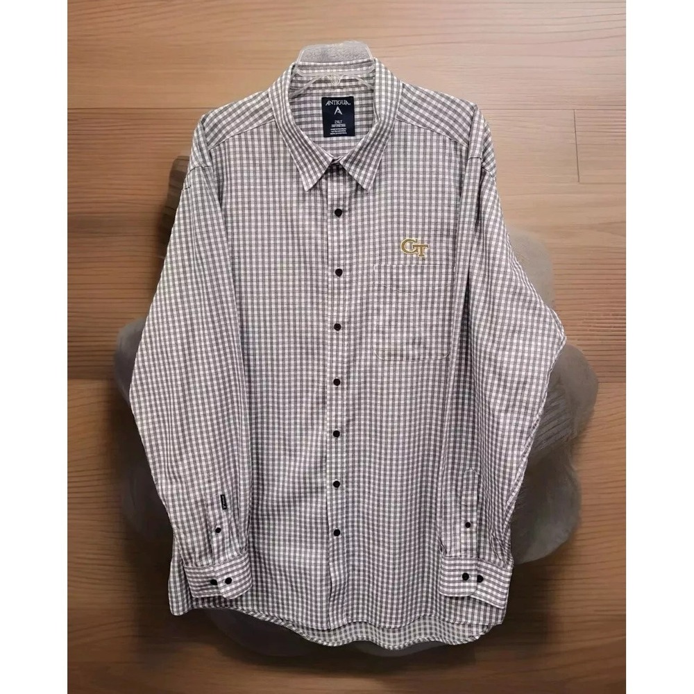 Georgia Tech NCAA Dress Shirt Men's 2XLT Antiqua Plaid Button Down College‎